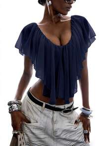 LYSMO Women's Solid Color Ruffle Hem Asymmetric Hem Fashionable Blouse - Navy Blue - View 8