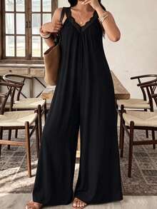EMERY ROSE Plus Size Fashionable Sexy Lace Trim V-Neck Loose Breathable Jumpsuit, Summer Vacation Casual Jumpsuit - Black - View 1