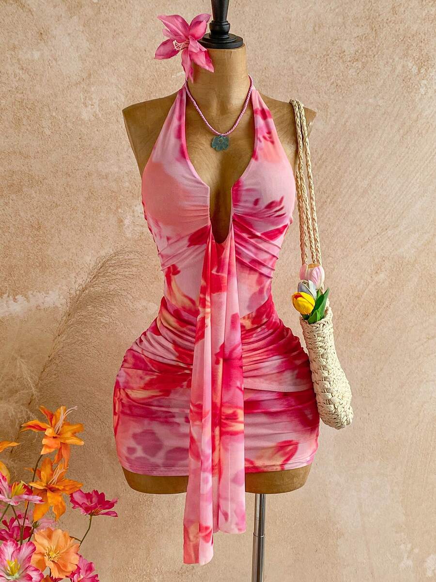 Soleia Women's Floral Print Halter Tie Sexy Mini Dress For Dates & Parties - Pink - View 1
