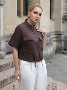 Elenary Edit Fashionable Short Utility Shirt, With Two Symmetrical Chest Pockets, Cinched Waist Design, Sleek And Practical Summer - Dark Grey - View 5
