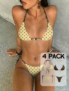 Aloruh Đồ bơi nữ, bộ bikini hai mảnh gợi cảm thanh lịch lãng mạn phong cách vintage họa tiết chấm bi tương phản rừng nhiệt đới, áo cổ yếm dây buộc cúp tam giác mini + quần bikini buộc dây bên hông mini, cho kỳ nghỉ xuân/hè - Nhiều màu - Xem 6