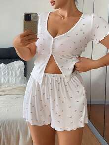 Dazy Plus Plus Size Women's Ditsy Floral Tight Crop Top And Elastic Waist Shorts Pajama Set, Sexy & Comfy, Spring/Summer - White - View 6