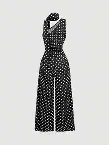 SHEIN MOD 女士时尚优雅波点印花连体裤 - 黑色 - 查看 4
