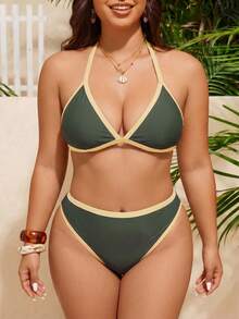 Swim Mod Plus Size Women 2 Pieces Colorblock Spaghetti Strap Triangle Cup Sexy Split Swimsuit Beach Vacation Casual Bikini Set For Summer - Multicolor - View 6