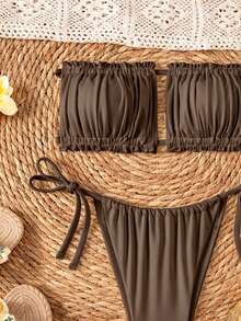 Swim Basics Double Fabric Bandeau (Backless Tie) High Leg Side Tie Bikini Swimwear - Coffee Brown - View 3
