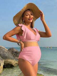 Swim Vcay Maternity Casual Solid Color Bikini Set - Pink - View 4