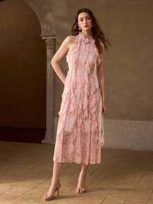 MOTF PREMIUM WOMEN'S FLORAL PRINT RUFFLE DETAIL DRESS - Pink - View 5