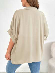 SHEIN Essnce Plus Size Women's Khaki Sommar Smart Casual Shirt,Everyday Loose Breathable Button Blouse,Work Tops,Teacher Shirts,Comfortable Versatile Simple Style - Apricot - View 2