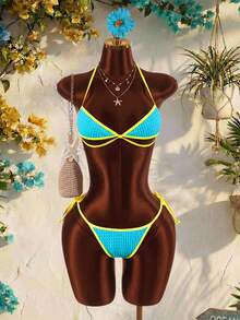 Amplova Women's Contrast Color Trim Swimwear Set, Tropical And Avant-Garde, Suitable For Holiday Wear Beach Vacation Blue Summer - Multicolor - View 13