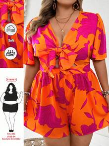 SHEIN CURVE+ Plus Size Women's Holiday Island Romantic Orange And Pink Color Blocked Printed Tie Front Bow Short Sleeved Loose Cut Jumpsuit South Beach Women's Summer Women's Summer Women's European Summer Suits Women's Cute Summer Beach Wear Bohemian Women's Wear Pretend Women's Wear Pretend Women's Wear Pretend Women's Hip-Hop Wear Women's Easter Wear Women's Carnival Wear Country Concert Wear Nashville Wear Ibiza Wear - Multicolor - View 7