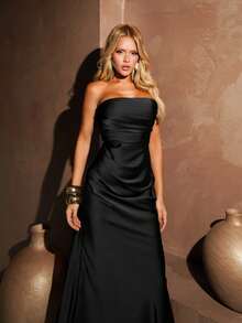 Sandy Gomes Sexy Minimalist Solid Color Yellow Cream Strapless Ruched Fitted Backless Dress Elegant Party Summer Black - Black - View 6