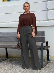 Jeta Ari 女装极简时尚深咖啡超大阔腿裤通勤裤棕色阔腿裤女高腰阔腿裤秋冬棕色西装裤 - 灰色 - 查看 1