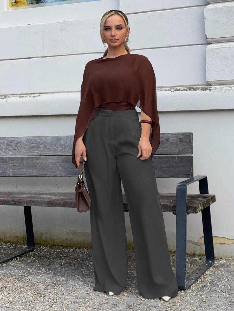 Jeta Ari 女装极简时尚深咖啡超大阔腿裤通勤裤棕色阔腿裤女高腰阔腿裤秋冬棕色西装裤 - 灰色 - 查看 1