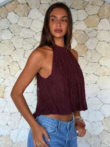 Aloruh Women's Elegant Solid Color Lace Halter Top, Summer Top,Wedding Guest, Party Top - Burgundy - View 5