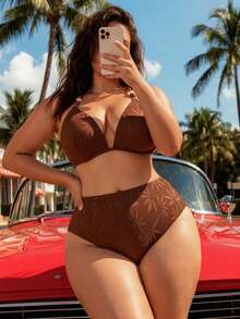 Swim Vcay 2026 New Plus Size 2-Piece Bikini Set,Brown Palm Texture Mesh Fabric Triangle Halter Neck Backless Top,High Waist Bottom,Summer,Beach Beach Vacation - Brown - View 6