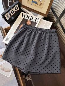 Grovea Plus Size Women's Casual Elegant 2 In 1 A-Line Waist Side Slit Polka Dot Print Skort, Suitable For Dating, Office, Commuting, Business, Home, Travel Occasions - Grey - View 2