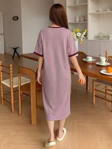 DAZY Sternenmuster Kontrast-Farbiger Saum Locker Sitzendes T-Shirt Kleid, Langes Casual Kleid für Damen, Sommer - Violett - Übersicht 2