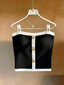 Franclia Women's Elegant French Sexy Strapless Solid Black And White Ribbed Elastic Fabric Camisole Top, Versatile Summer Wear Brunch - Black - View 4