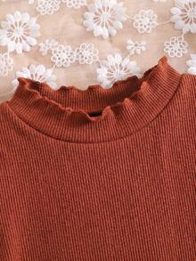 SHEIN 女嬰針織純色荷葉領拼接波點泡泡袖休閒洋裝 - 彩色 - 查看 5