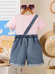 SHEIN Playful Pals 2件套女婴白色T恤+卡通鸭子图案牛仔背带短裤套装，可爱百搭舒适弹力腰卷边短裤，夏季设计 - 粉色 - 查看 2