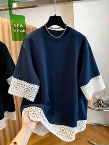 Franclia Plus Size Lace Patchwork Short Sleeve Round Neck T-Shirt - Navy Blue - View 1