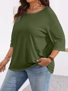 Plus Size Women Solid Color Round Neck Drop Shoulder Casual Loose T-Shirt Fall - Army Green - View 5