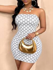SOLERSUN Figurbetontes Partykleid mit Marmorprint für Damen in Große Größen (zufälliger Blume Muster) - Weiss - Übersicht 1