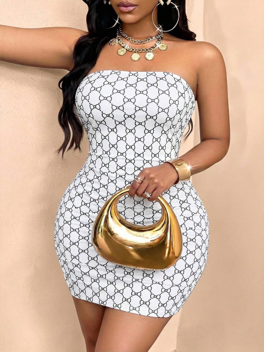 SOLERSUN Figurbetontes Partykleid mit Marmorprint für Damen in Große Größen (zufälliger Blume Muster) - Weiss - Übersicht 1