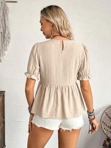 LanaWest Damen neue braune Bluse mit rundem Ausschnitt, elastischer Taille, Kurzarm, Rüschensaum, Stickerei, Retro-Casual-Boho-Western-Stil, Frühling/Sommer - Khaki - Übersicht 2