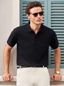 Blueprint 男士单件 Polo 衫，黑色翻领短袖 Polo 衫，轻薄成熟商务风上衣，适合日常通勤 - 黑色 - 查看 1