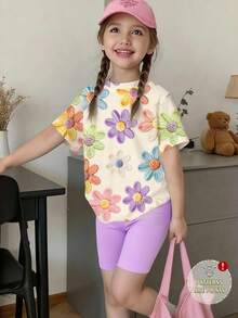 1套少女休閒舒適時尚甜美可愛花卉印花短袖T恤與短褲套裝，淺桃色T恤與紫色短褲，適合春夏季外出、休閒、度假。不僅穿著舒適，更是春夏最亮眼的小美女 - 彩色 - 查看 3