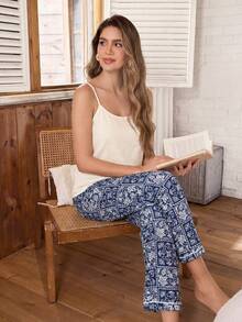 Serenescape Solid Color Top And Printed Pants Bubble Crepe Women Pajama Set - Apricot - View 3