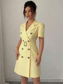 SHEIN Raffinéa Vestido con cuello, cintura ceñida, doble botonadura y mangas abullonadas - Amarillo - Ver 5