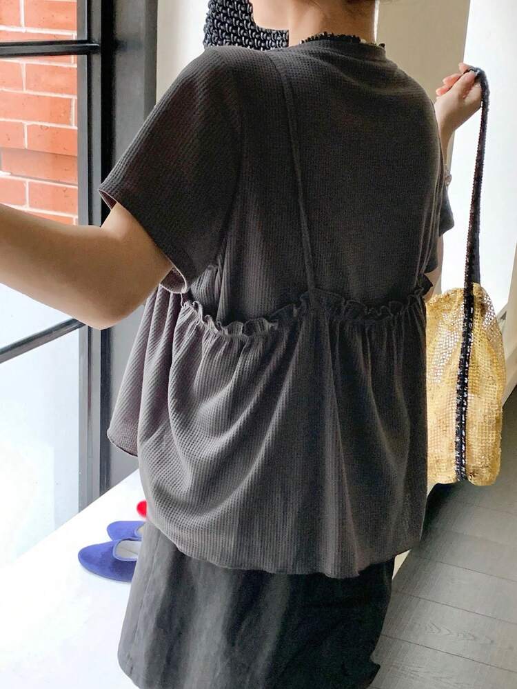 Dazy Plus 2pcs/Set Tie Front Loose Round Neck Short Sleeve Bowknot Pleated Ruffle Trim Casual Pullover Top, Plus Size Women Spring/Summer
