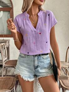 Breezaya 女款紋理愛心刺繡休閒度假襯衫 - 淡紫色 - 查看 6
