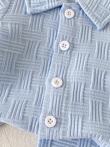 SHEIN Vintaside Kids 新生儿夏季翻领短袖简约休闲百搭衬衫，搭配清爽色彩休闲时尚百搭短裤套装，适合户外休闲散步、聚会、旅行和度假。 - 藍色 - 查看 5
