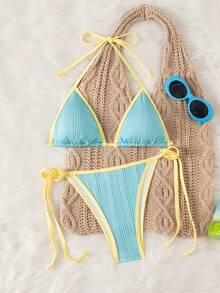 Bonvoyette-D Summer 2-Piece Set, Blue Striped Solid Asymmetric Vertical Striped Jacquard Knit Fabric Triangle Halter Tie-Back Cutout Waist Tie Beach - Multicolor - View 2