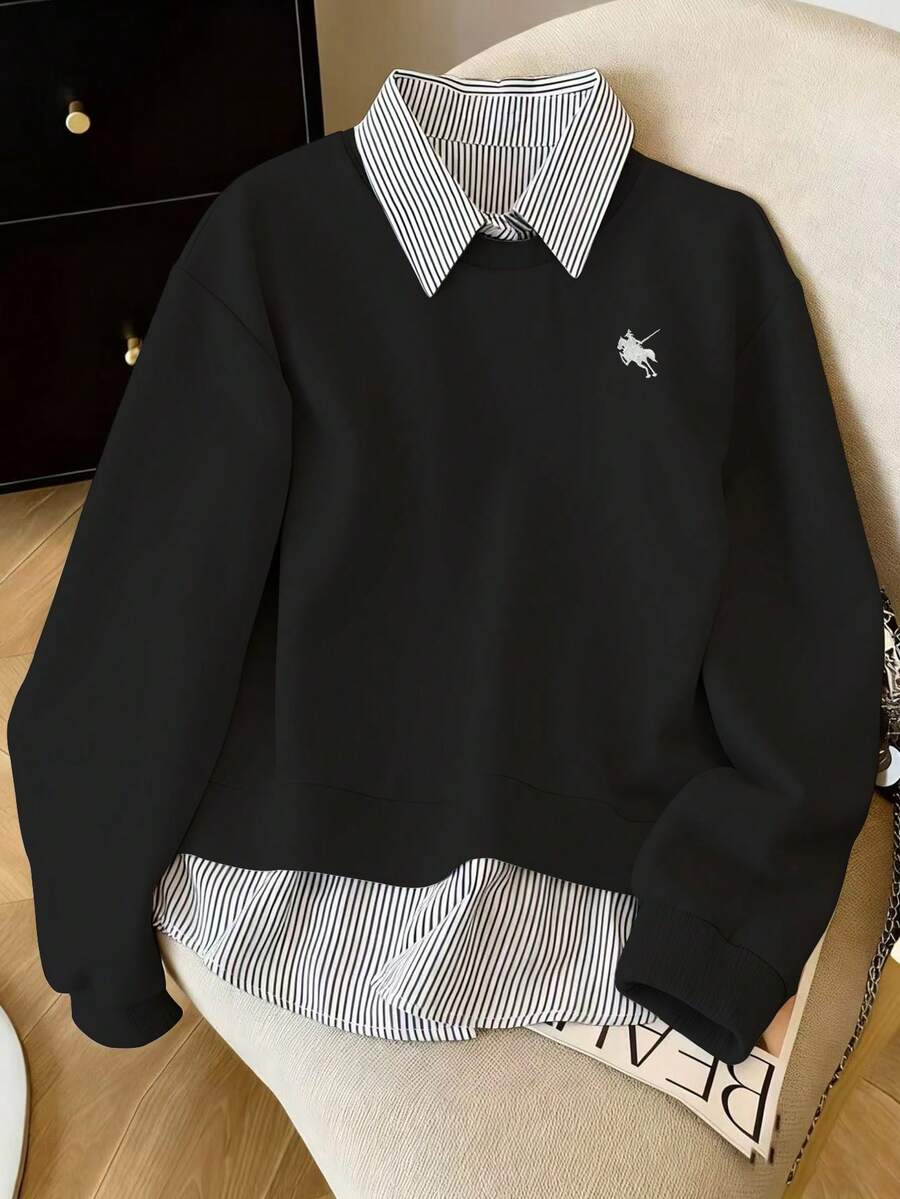 Resyla Women's Striped 2 In 1 Patchwork Equestrian Print Casual Pullover Sweatshirt, Versatile For Daily Wear - Black - View 1