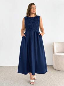 SHEIN Essnce 大码女装春夏时尚休闲舒适日常修身无袖棕色中长连衣裙，带口袋，夏季服装，女士度假装 - 寶藍色 - 查看 5