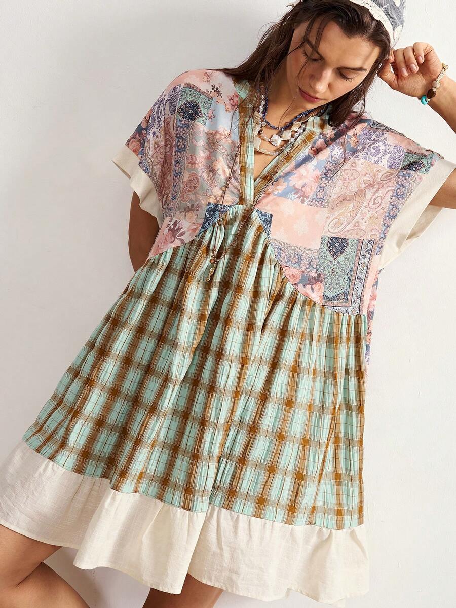 Bohemela Women's Patchwork Plaid Cashew Pattern Loose Casual Cottage Core Boho Mini Dress Picnic Vacation Dusty Blue Summer - Multicolor - View 1