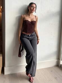 leahseptember 性感蕾絲透視細肩帶上衣，派對、約會之夜、通勤適用，可愛內衣式上衣，性感夜店上衣，束腰上衣，無肩帶上衣，外出上衣，休閒蕾絲上衣，Y2K風格 - 咖啡棕 - 查看 5