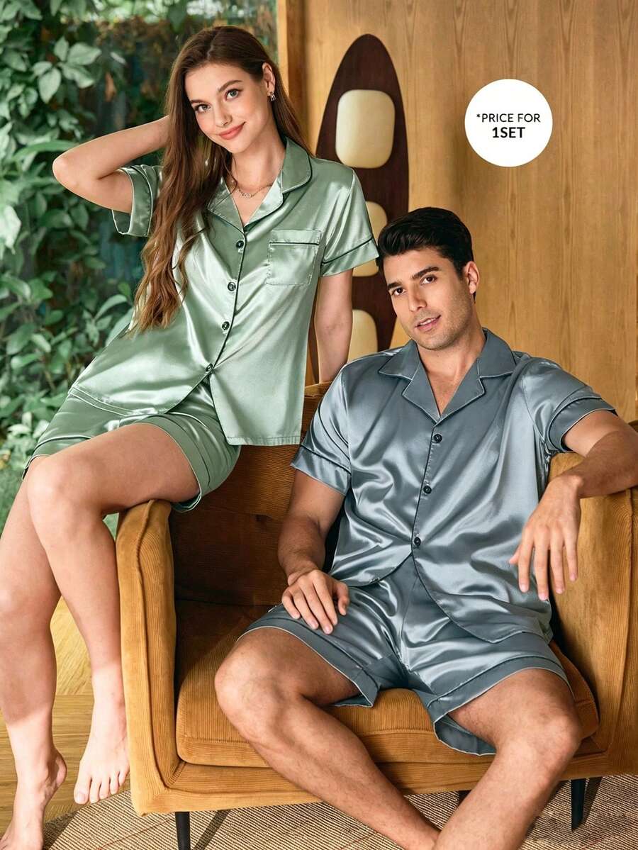 CoupledUp Men's Satin Solid Color Short Sleeve Shorts Pajama Set, Summer - Dusty Blue - View 1