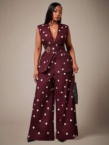 Radiana Plus Size Women's Classic Retro Polka Dot Vest And Wide Leg Pants Set Summer Holiday Outfits - Brown - View 3