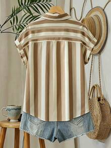 Franclia Striped Pocket Casual Vacation Shirt - Khaki - View 2
