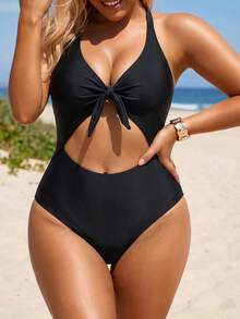 Swim Lushoire Plus Size Women One-Piece Solid Color Twist Front Hollow Out Slimming Tummy Control Swimsuit, Suitable For Vacation & Party - Black - View 6