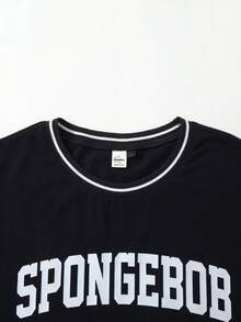 SpongeBob SquarePants | SHEIN Men's Contrast Color Letter & Cartoon Print Round Neck Short Sleeve T-Shirt - Black - View 4