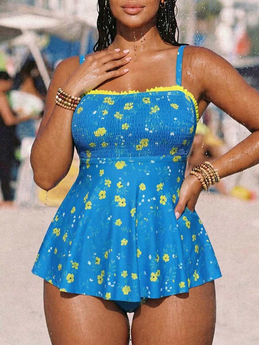 Swim Mod Conjunto de traje de baño con estampado floral para tallas grandes - Multicolor - Ver 1