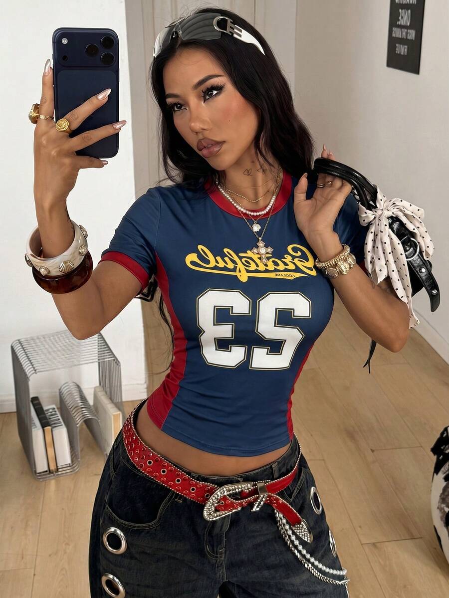 Coolane 女款夏季Y2K街頭風復古演唱會電音節派對短版T恤上衣 - 藏蓝色 - 查看 1