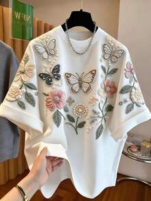 EMERY ROSE Women's Round Neck Short Sleeve Fitted Floral Print T-Shirt, Suitable For Vacation, Casual, Romantic, Commute, Beach, Daily Wear - White - View 1