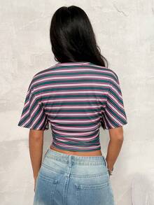 SHEIN PETITE Áo thun crop top nữ mùa xuân/hè phong cách tối giản, thanh lịch, kiểu Y2K, preppy, cơ bản, mặc hàng ngày, casual, phong cách đường phố, co giãn, màu xanh lá cây và hồng, dáng rộng, xếp ly. - Nhiều màu - Xem 2